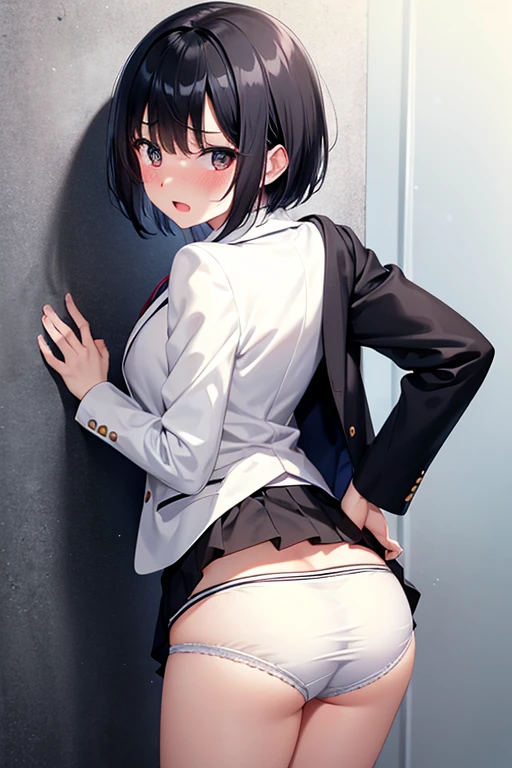blazer、Miniskirt、Black Hair、short hair、Embarrassed、White underwear、Blushing、Open your mouth、Standing in front of a wall、Lower your body、Put your hands on the wall、Sticking out your butt