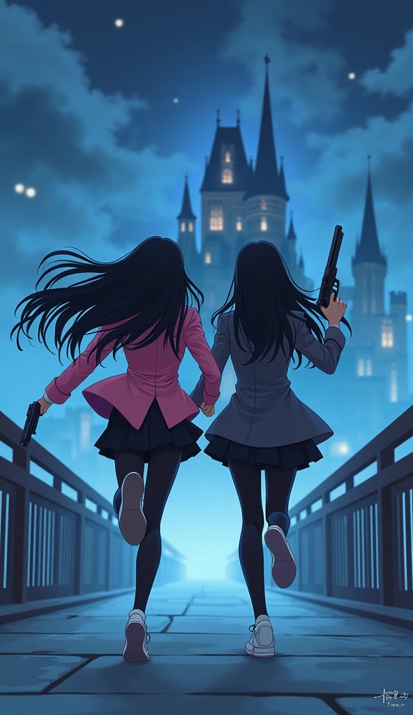 Two womens long black hairs, yuri,
(The first women wear a pink suit, black shirt, black skirts, black tight, white socks, white sneakers)
(The second women wore a grey suit, black shirt, black skirts, blaxk tights, white socks, white sneakers)
holding a handguns, running on the long foggy bridge, night castle palace, fantastic night sky, cartoon novel, 4K, HD