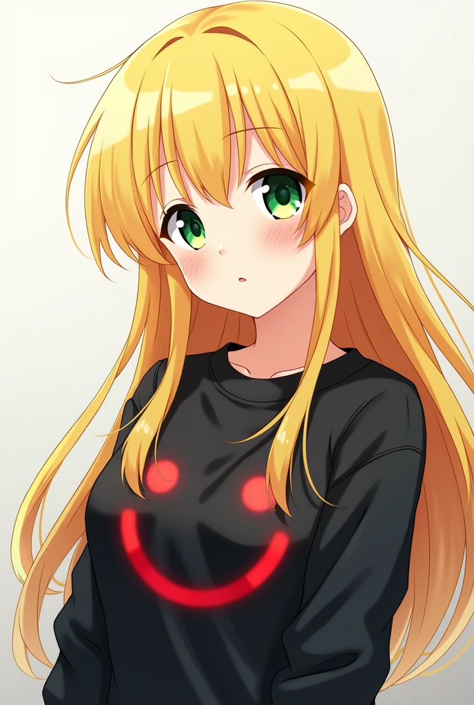 Anime girl with long yellow hair and green eyes wearing a black sweatshirt with red smiling