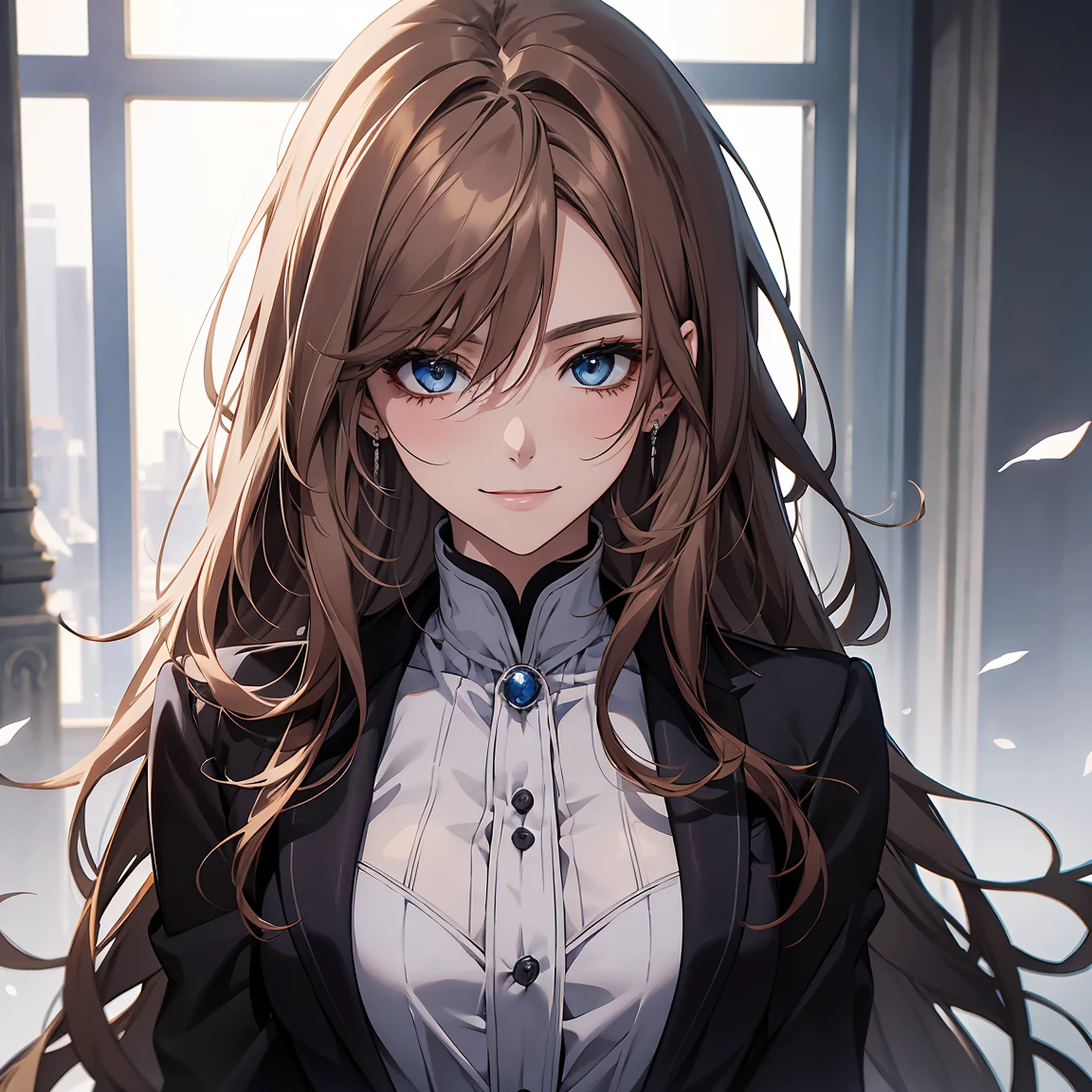 (Highest quality,High resolution,Very detailed),1 girl, Beautiful and elegant light blue eyes, Brown Hair, Cold Smile,Straight long hair tied back, Wearing a black suit, Mature Woman, Age 27,Cruel smile, Calm and Calm, Slim figure, Pale complexion, thin, Calm, secretary,Big White Foxを連れている,Big White Fox,Small breasts