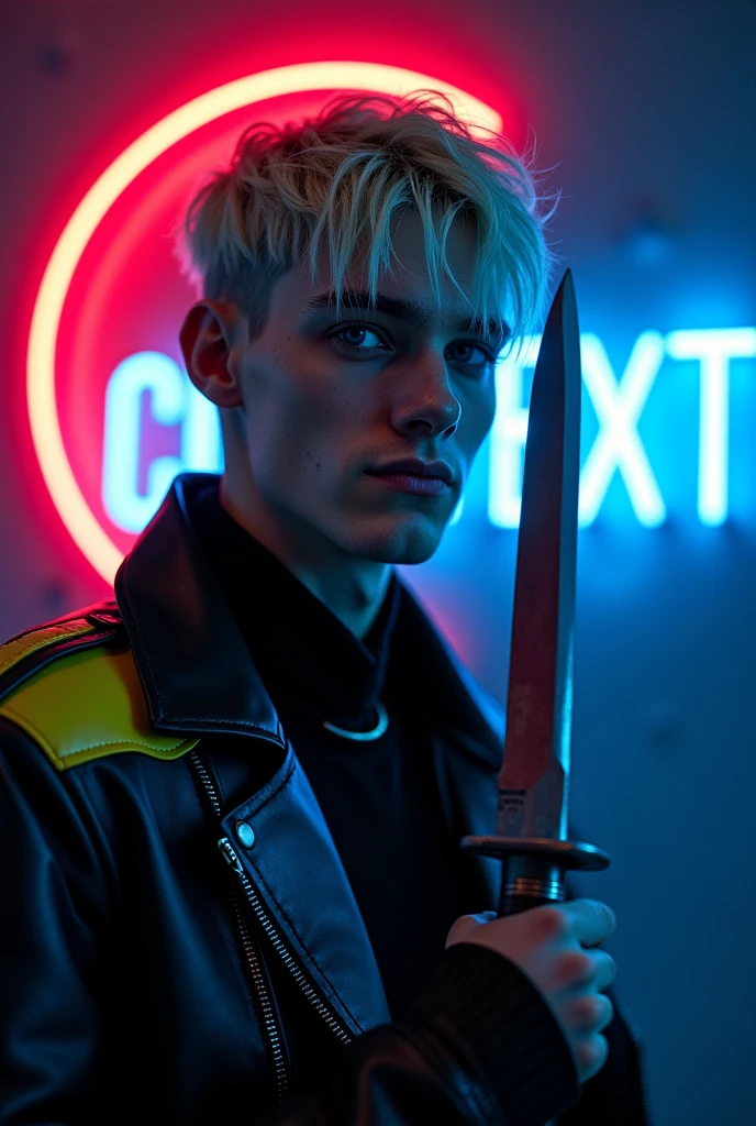 male fashion model,181cm tall, 22 years, pale skin, blue eyes, short platinum blond messy hair with side swept bangs, black leather jacket with yellow and bright blue leather accents, holding a dagger up:1.2, dark lighting, inside luxury room, evil smirk expression, sharp inhuman teeth, neon red crescent moon and blue neon sign in background that says "CONTEXT"