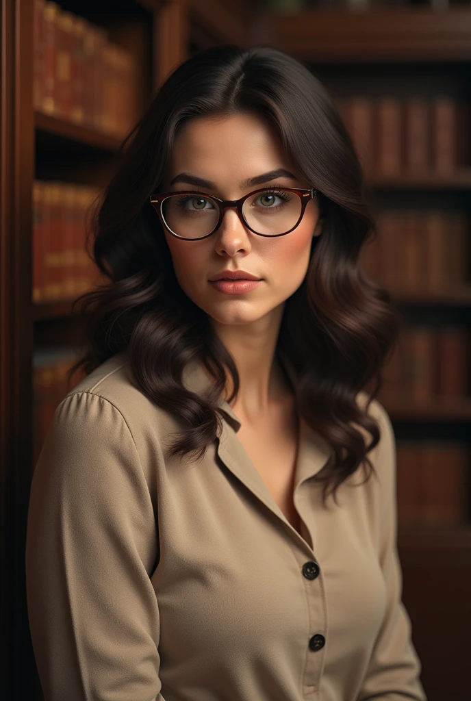 fatty brunette , elegant, books behind, eyeglasses, quite short, intelligent