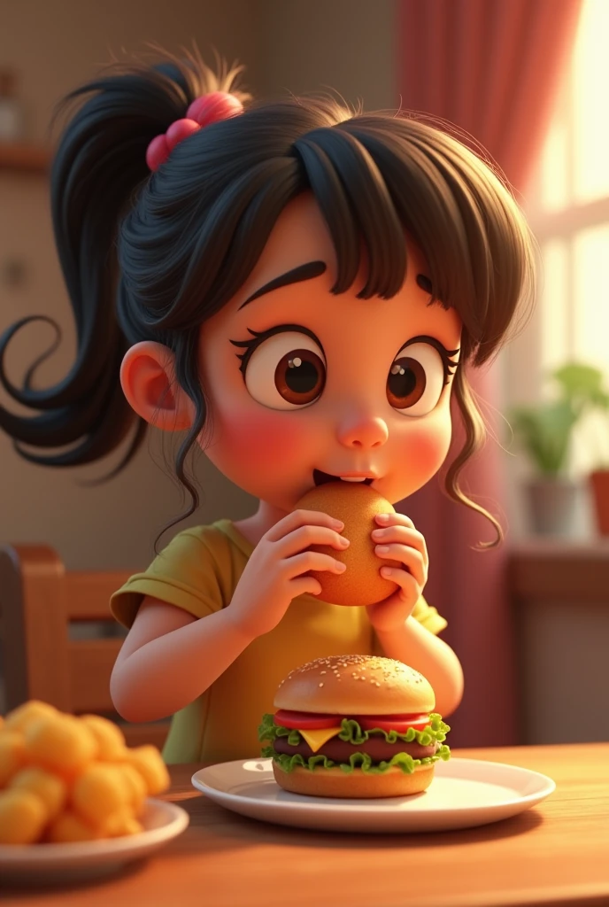 Make a Girl, She's hungry, como Disney Cartoon, She's eating hamburger, Pixar, ..3d, Disney