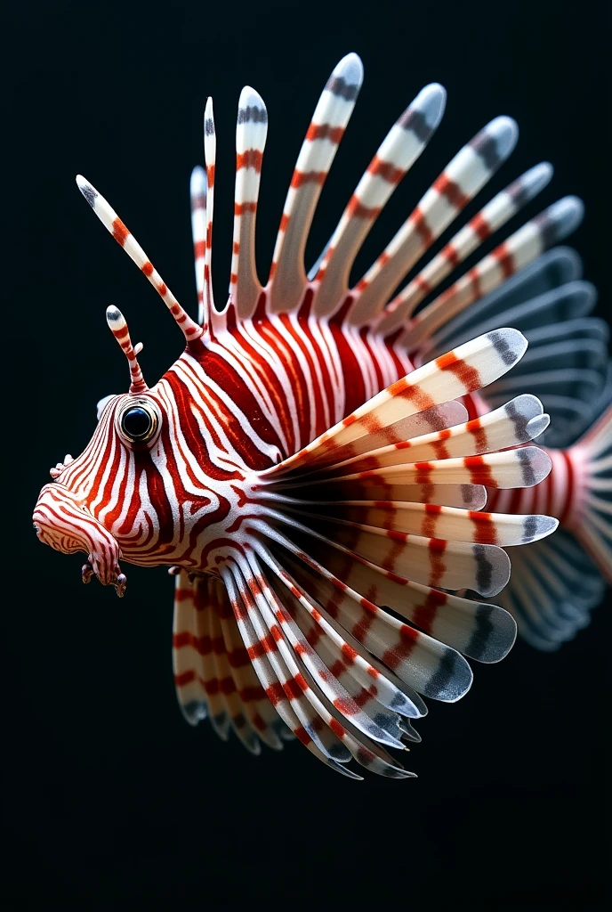 ((Photography)), photorealistic, lionfish half breed profile. (conspicuous warning coloration with red and black bands with ostentatious dorsal fins tipped with venomous spines.) front view. best quality, best detais