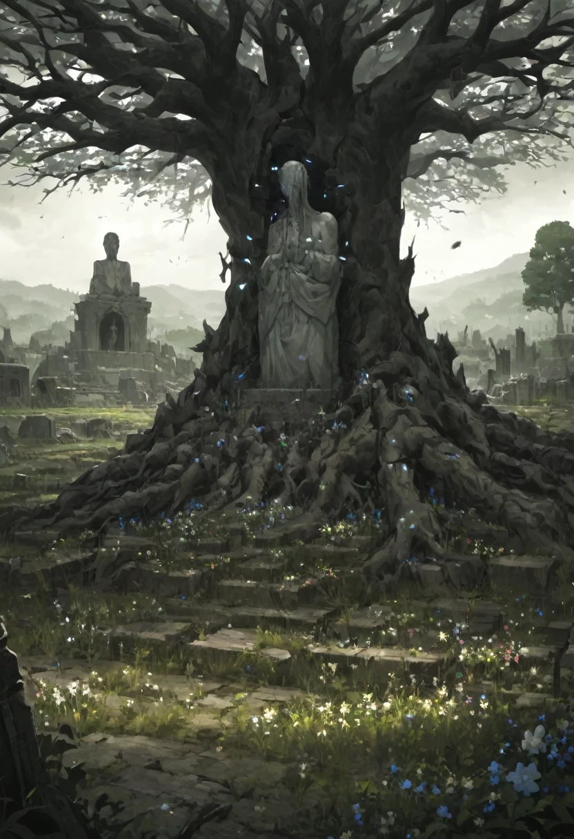 Large sacred tree in the background, sacred statue trapped in the tree between its roots, (dreamy landscape), abandoned village, field of flowers, Garden, Raby, brutal violence