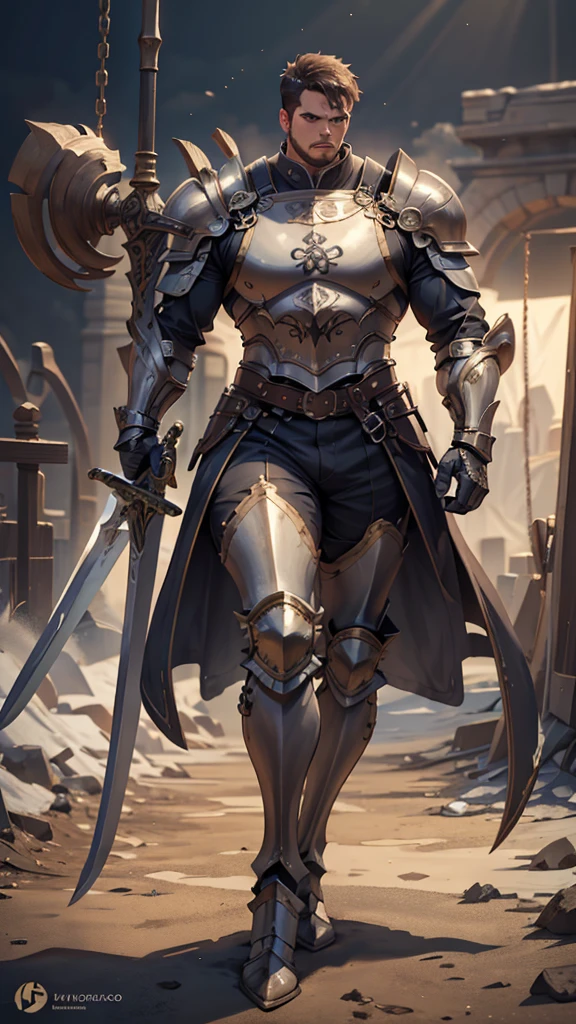 (masterpiece, 4K ,Super detailed:1.2), (anime:1), (Perfect quality), (((Adult body))), ((Swinging a big sword, Combat Ready)), The whole body is shown, Looking at the viewer, Big body, Gladiator、armor, Heavy equipment, A look of contempt, tall, Young man