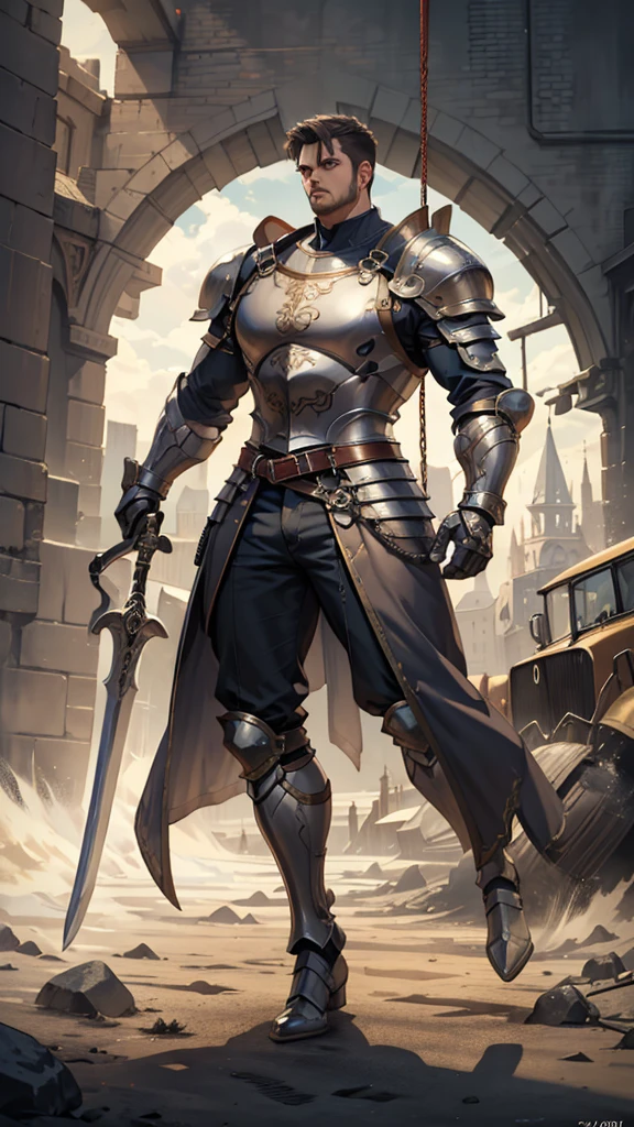 (masterpiece, 4K ,Super detailed:1.2), (anime:1), (Perfect quality), (((Adult body))), ((Swinging a big sword, Combat Ready)), The whole body is shown, Looking at the viewer, Big body, Gladiator、armor, Heavy equipment, A look of contempt, tall, Young man