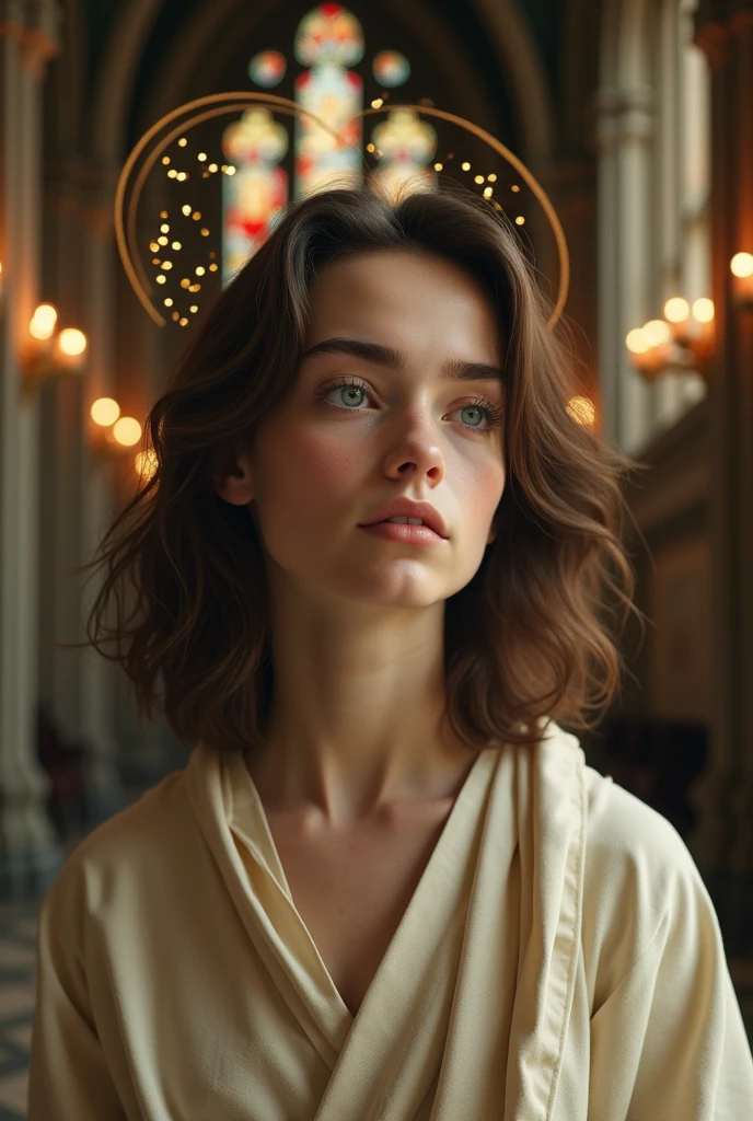 Generates an image of a Catholic saint with the face of Timothy Chalamet with brown wavy hair 