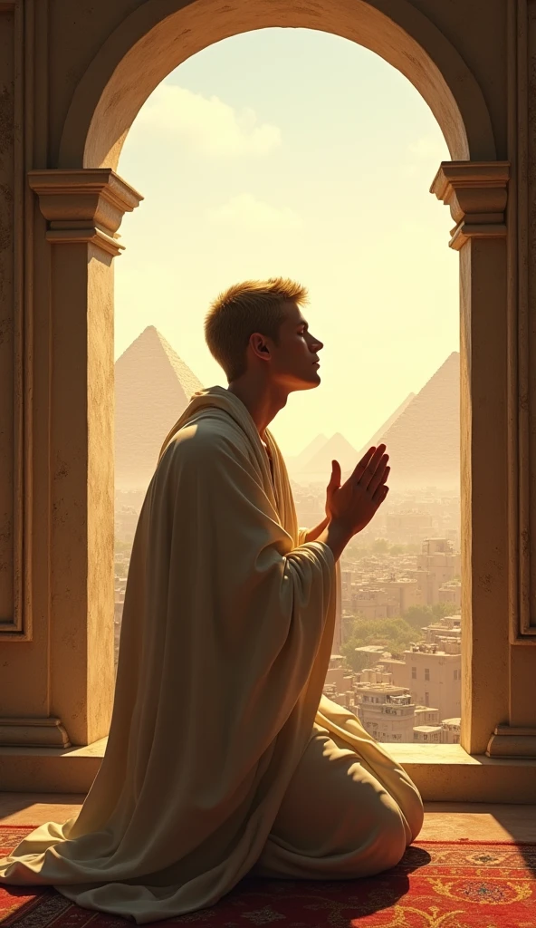 ((best quality)), ((masterpiece)), (detailed), perfect face
Daniel, a blond man with short hair, kneeling in front of an open window, Praying in Faith. Ao fundo, a landscape of the city of Babylon, no pyramids.