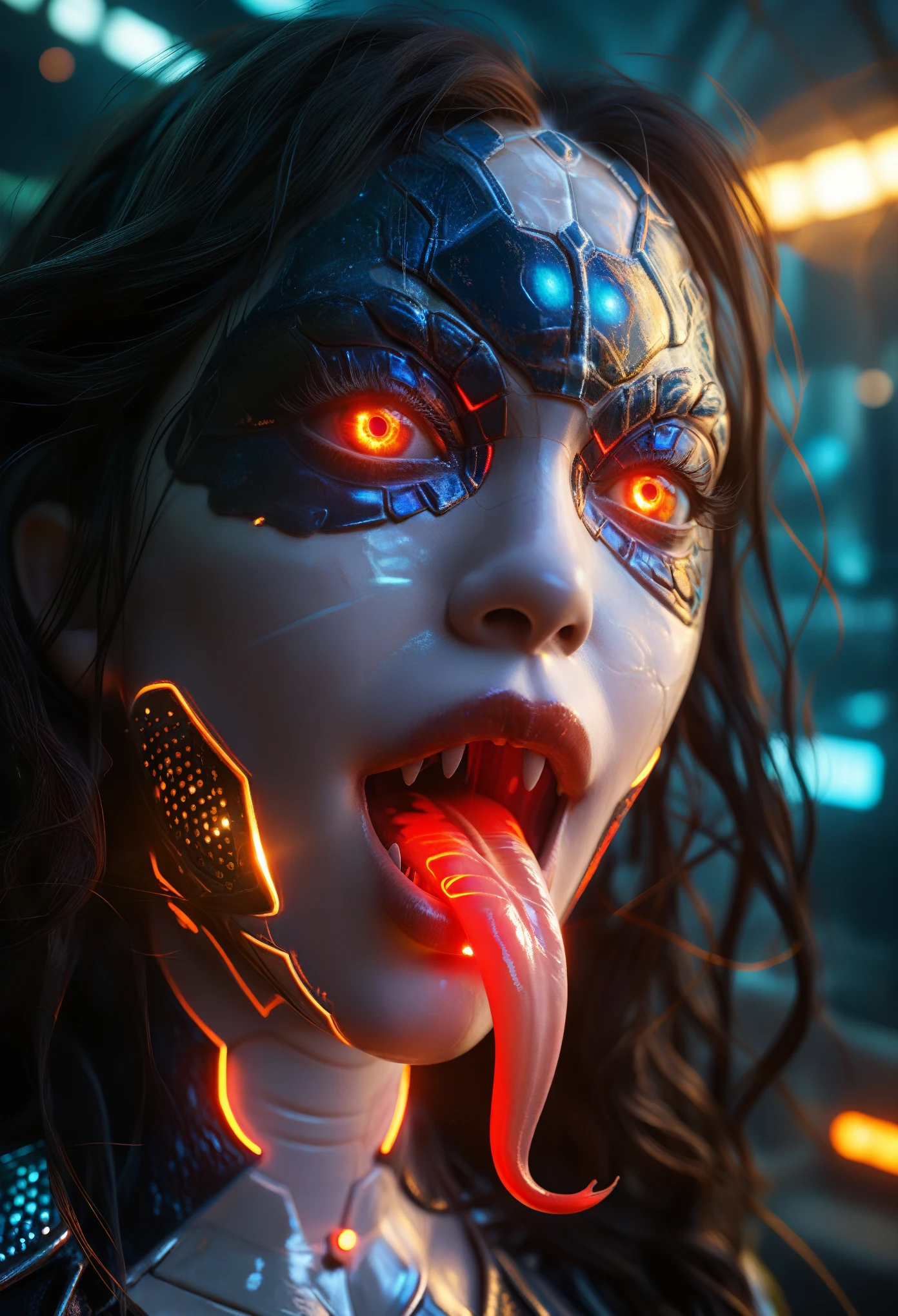score_9, score_8_up, score_7_up, 1 female medusa alien, A scene from a horror movie, beautiful detailed eyes, A third eye on the forehead, beautiful detailed lips, extremely detailed face and eyes, long eyelashes, (long tongue like a snake:1.2), intricate insect-like features, glowing compound eyes, scythe-like forelimbs, alien carapace, vibrant colors, futuristic sci-fi environment, neon lights, glowing energy field, complex technological architecture, dramatic lighting, cinematic atmosphere, award winning digital art, hyper realistic, 8k, high quality, masterpiece, Bioluminescence, Translucent armor, thespiritde, concept art, hypre detailed moist skin texture, (Best Quality, 4K, 8K, High Definition, Masterpiece:1.2), (Ultra Detailed, Realistic, Photorealistic:1.37),