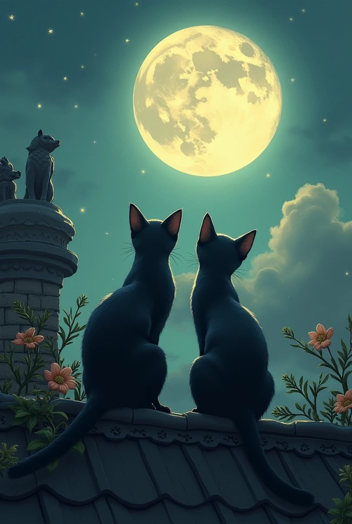 a couple of cats sitting on top of a roof, ffffound, beautiful moonlight night, tumblr, inspired by Pamela Ascherson, gaze, postcard, fantasia photo, gazing eyes, waiting patiently, midsummer, connecting life, as a tarot card, buds, by Alexander Deyneka, gargoyles
