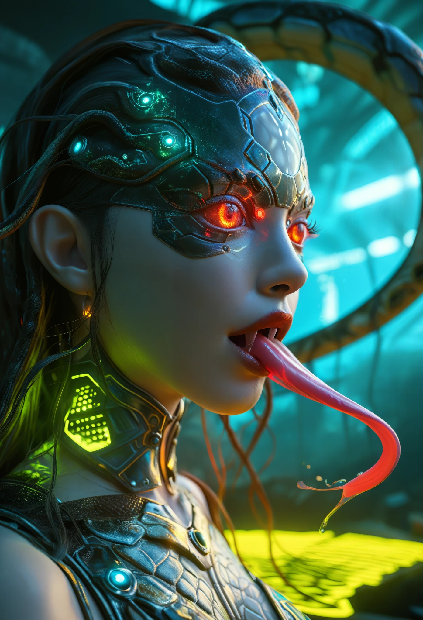 score_9, score_8_up, score_7_up, 1 female medusa alien, A scene from a horror movie, beautiful detailed eyes, A third eye on the forehead, beautiful detailed lips, extremely detailed face and eyes, long eyelashes, (long tongue like a snake:1.2), intricate insect-like features, glowing compound eyes, scythe-like forelimbs, alien carapace, vibrant colors, futuristic sci-fi environment, neon lights, glowing energy field, complex technological architecture, dramatic lighting, cinematic atmosphere, award winning digital art, hyper realistic, 8k, high quality, masterpiece, Bioluminescence, Translucent armor, thespiritde, concept art, hypre detailed moist skin texture, (Best Quality, 4K, 8K, High Definition, Masterpiece:1.2), (Ultra Detailed, Realistic, Photorealistic:1.37),