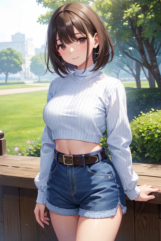 anegasaki nene、Shiny brown hair, short hair, (Beautiful brown eyes、Sparkling eyes, Fine grain)、smile、Ultra-detailed eyes、Highly detailed face, Highly detailed eyes,



(masterpiece, Highest quality, High resolution, 超High resolution, Pixel perfect, Depth of written boundary, 4K, RTTX 10.0, High resolution))),

(Beautiful attention to detail, Beautiful detailed hair, Perfectly detailed body), mikictr, One girl, alone, 
 short hair, Mouth closed, lipstick, blush, Sagging, ((Long sleeve cropped ribbed knit, belt, Blue shorts)), Very good, abdomen, belly button, Upper Body:1.5, Are standing, Simple Background