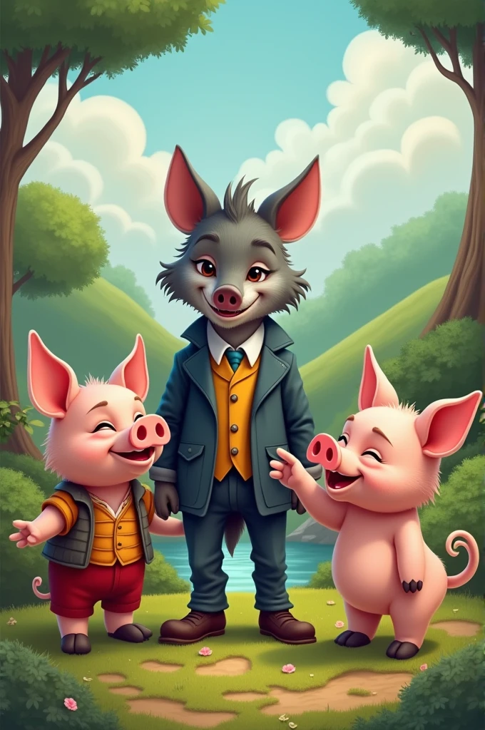3 naughty little pigs and a civilized wolf horizontal image