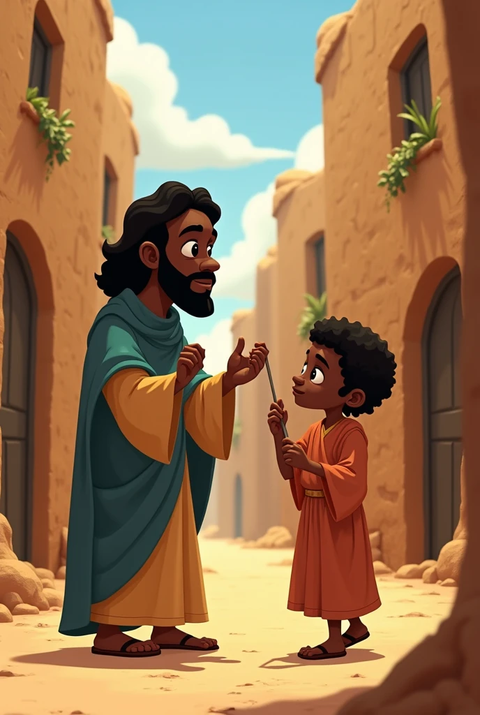 (biblical masterpiece) fluffly, animated cartoon, Black children, Hebrews, playing with an ugly african man jesus, blacksad, On the streets of mud houses in Jerusalem, 8k