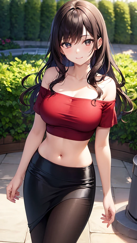 masterpiece, best quality, high detail, beautiful woman, wavy hair, dark brown hair, large bust, red t-shirt, off-shoulder shirt, long black pencil skirt, midriff, upper body, hips, hip bones, sandals, looking at viewer, light smile, garden, backyard,