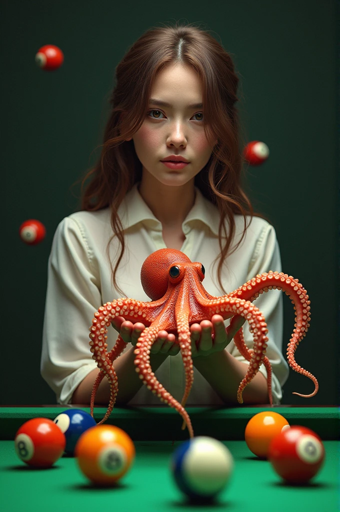 Binata na may hawak ng tako sa billiard tapos may mga bola ng billiard sa paligid nya