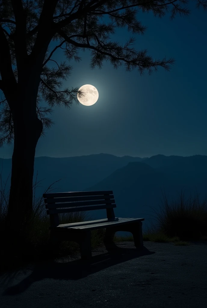 empty bench in a dark environment with a moon in the background and a tree next to it

