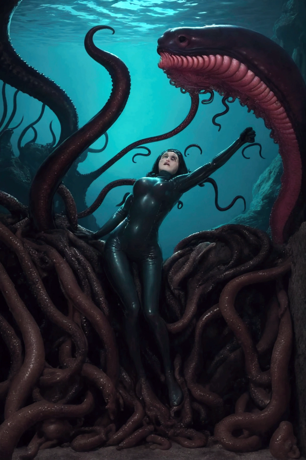 (high quality), (ultra quality), a woman wearing a tight wetsuit is attacked and bound by the tentacles of a giant sea monster, underwater, (under water), drowning, gasping for breath, suffocating, glossy wetsuit, horror, giant creature, scary monster, ((tentacle monster)), many tentacles, bondage, captive, stuck underwater, struggling, anxious, scared, terrified, perfect body, large breasts, deep under water, alien creature, lovecraftian horror, trapped