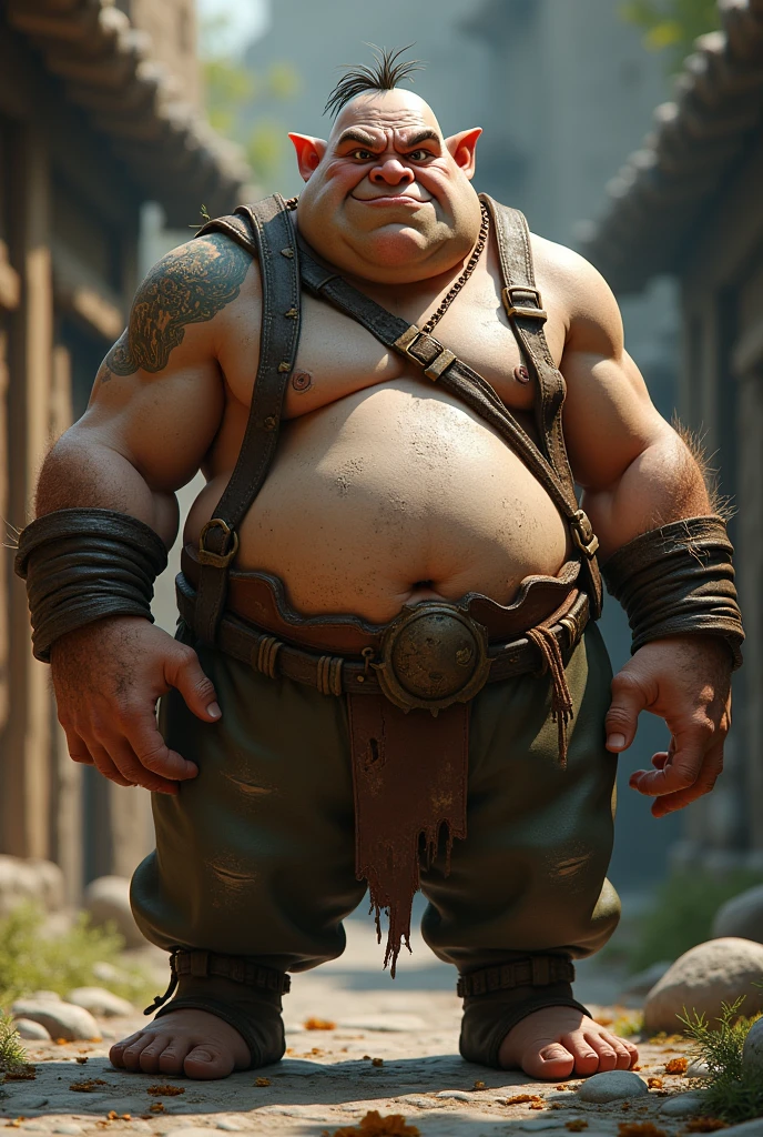 Fat and Bald age Ogre, grumpy but friendly. Wearing leather clothes