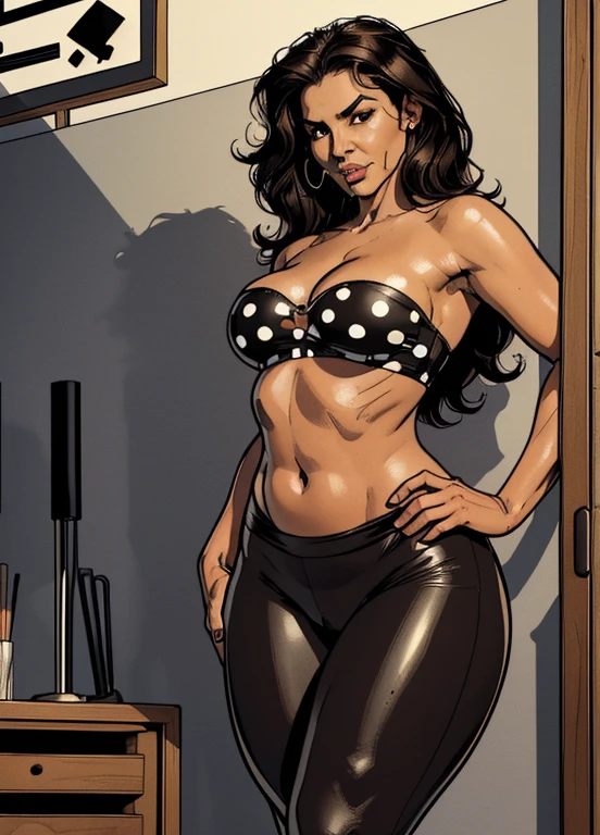 ((( Woman, 45 years old, Latina, brown, long black hair, wide face, big brown eyes, wide nose, big mouth, (black dot sign near mouth upper right side), short shoulders, (medium breasty wide hips, big ass))), (((weng strapless top and leggings))), (indoors), (((draw entire body down to feet))), chiaroscuro, UHD, masterpiece, accurate, anatomically correct, textured skin, super detail, high details, high quality, award winning, best quality, highres