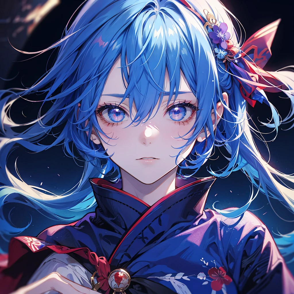 Man, cool, blue hair, red horns, red eyes, gentle eyes, blue yukata, one purple hair