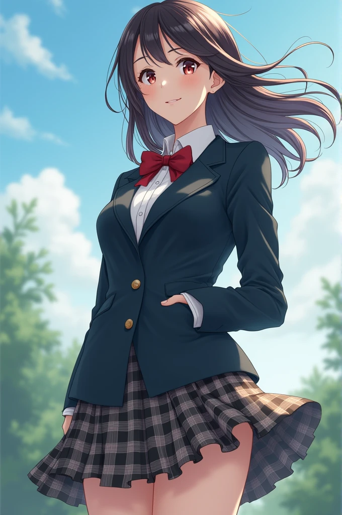 high quality、masterpiece、((blazer、Check skirt、school uniform))、Japanese women、19 years old、Low - Angle、The wind blows and my skirt flutters、Very sensitive skin、Fair skin、Young Face、look at me、Slim figure、Underwear is biting into、Great smile