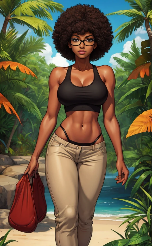 nerdy black girl, Rubenesque, sexy, beige pants and red tank top, black afro, visible thong, midriff, jungle beach, short hair