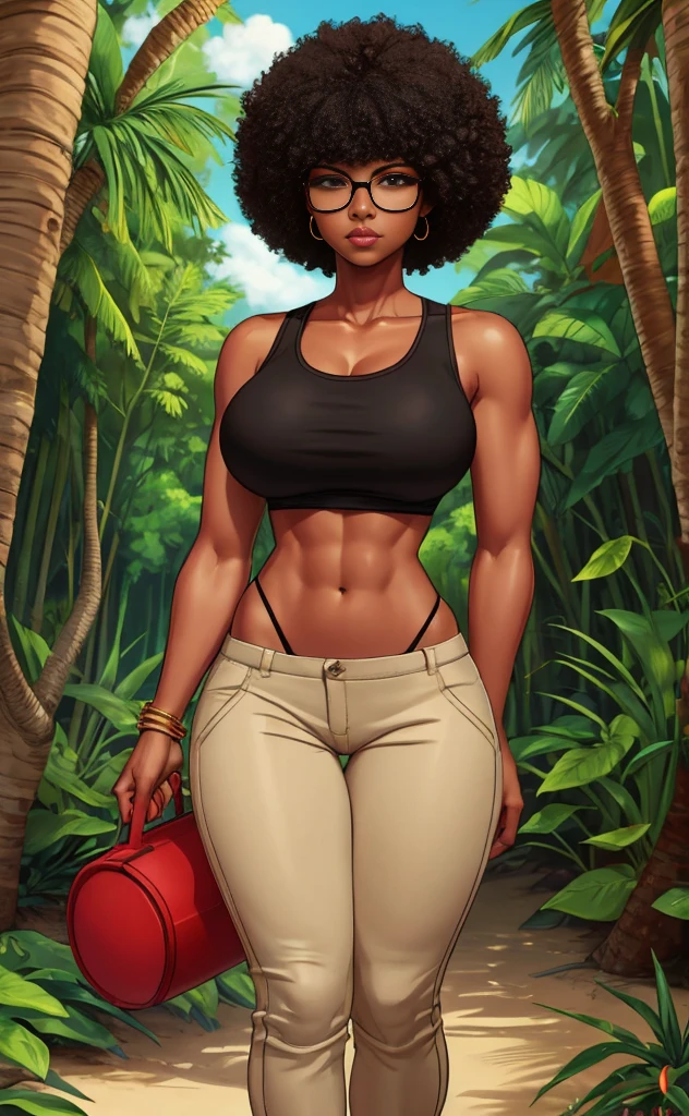 nerdy black girl, Rubenesque, sexy, beige pants and red tank top, black afro, visible thong, midriff, jungle beach, short hair