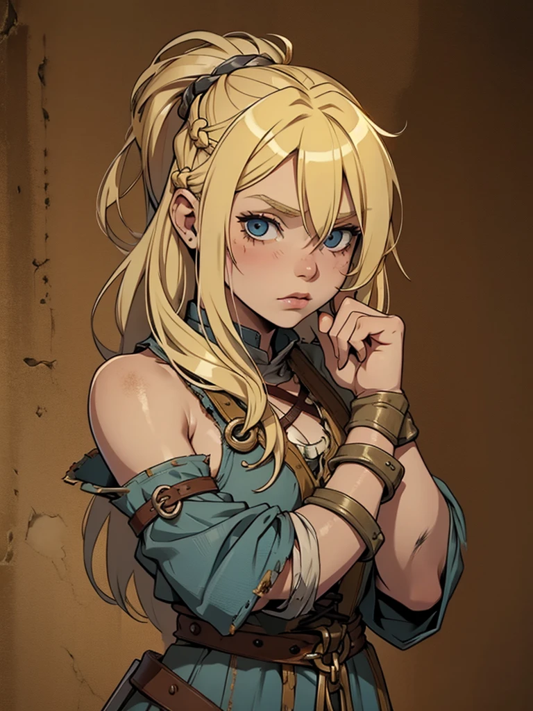 Young viking girl with blonde hair dressed in tattered clothing. She has shackles on her wrists & her body has cuts and bruises. Fantasy. Dnd character.