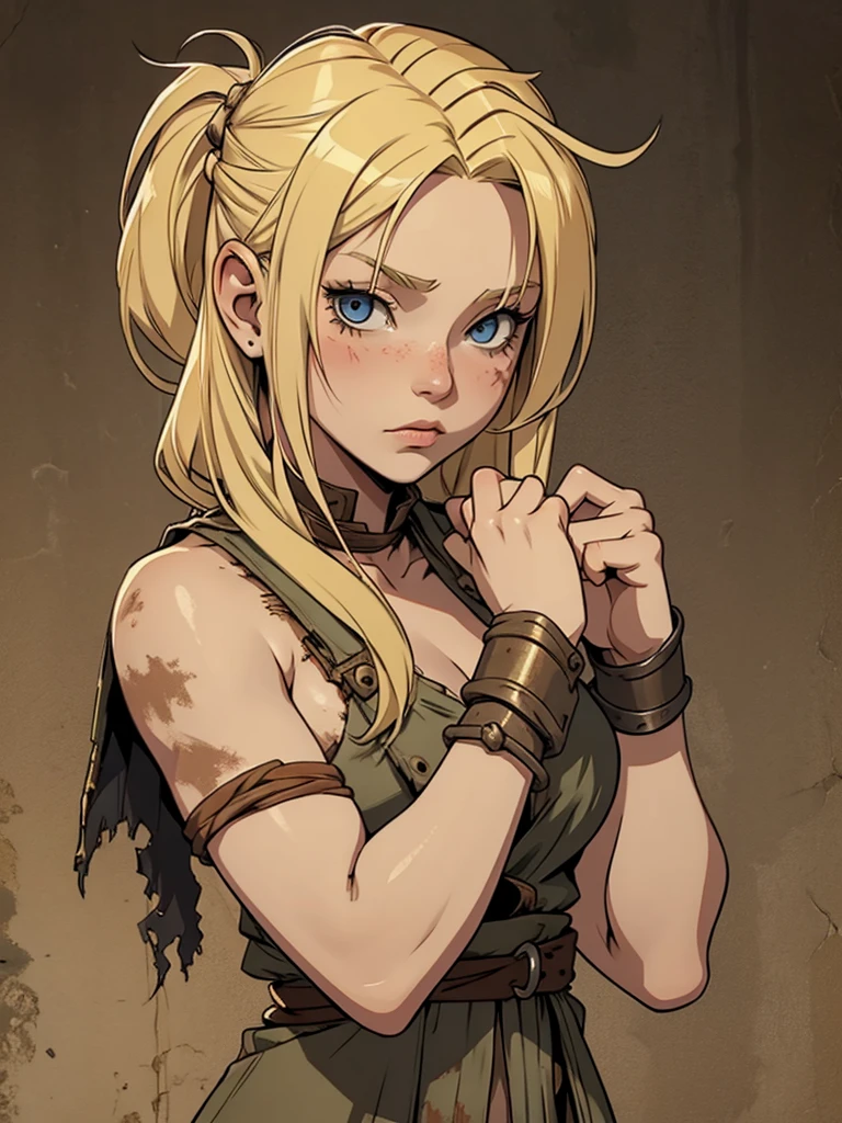 Young viking girl with blonde hair dressed in tattered clothing. She has shackles on her wrists & her body has cuts and bruises. Fantasy. Dnd character.