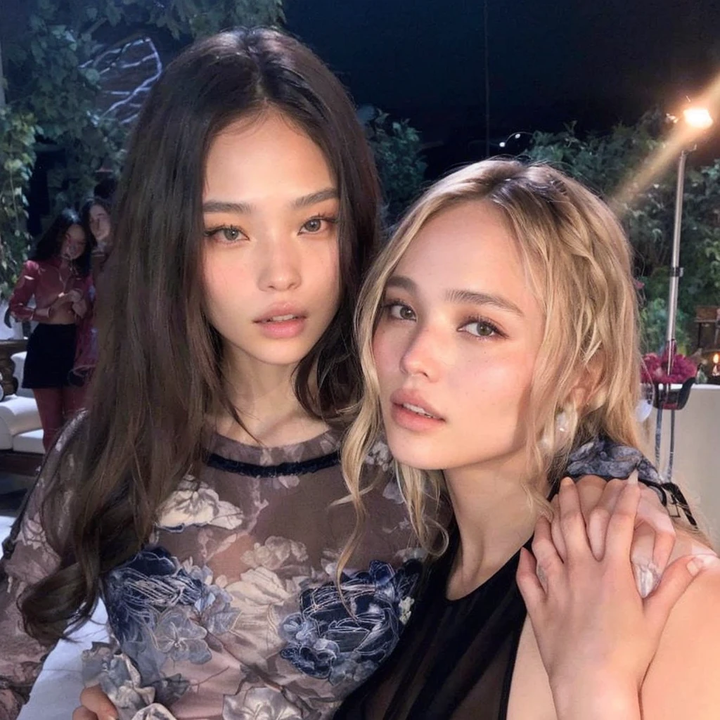 Two women posing for a photo with a man., Ayami Kojima y Lyde Caldwell, Ruan Jia y Mandy Jurgens, Two models in the frame, aurora aksnes and zoe kravitz, beautiful faces, Profile picture, with ivy, 😭 🤮 💕 🎀, made, summer&#39;s afternoon, lv, with black, summer night