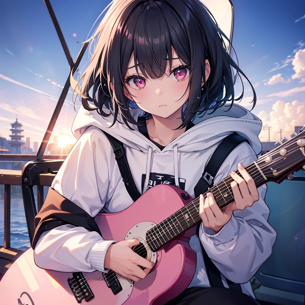 Girl with Guitar,hoodie one girl, High resolution, Bob Hair, Hide your ears, Open your mouth, Open your mouth a little, Pink eyes, Lonely, Feet out of frame, Focus: 35mm, Simple Background, earphone, Lens flare, Artistic, realism, Portrait Photography, 日本のIllustrationスタイル, Illustration, Black Hair