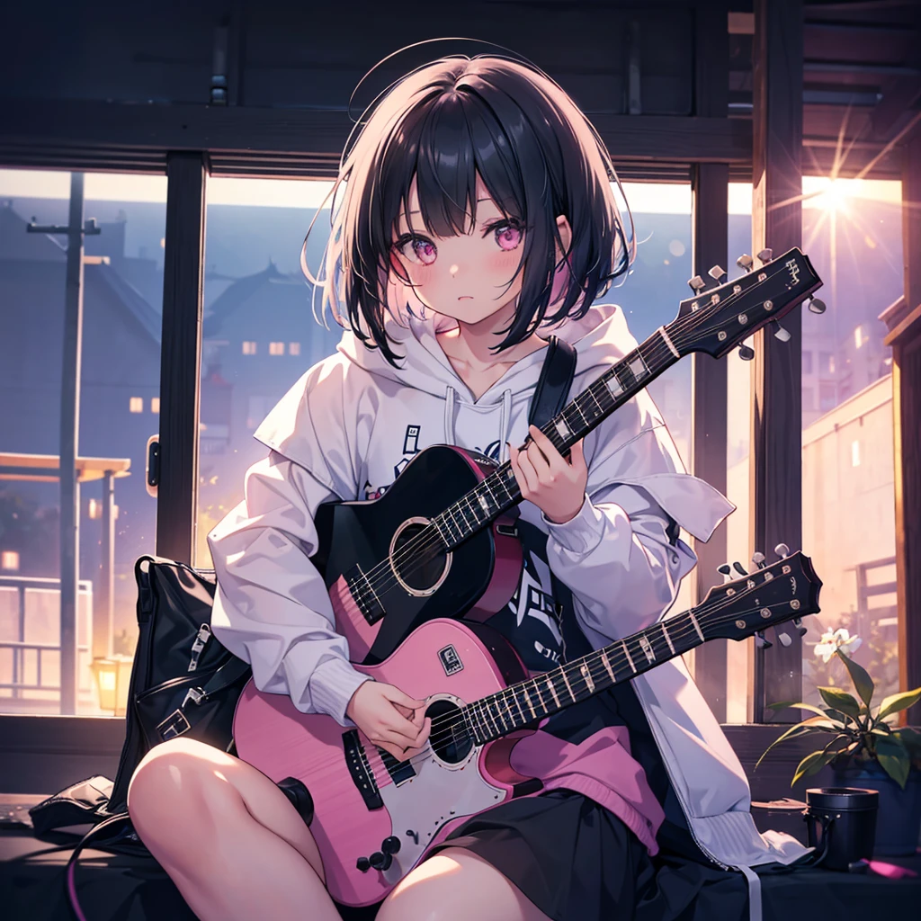Girl with Guitar,hoodie one girl, High resolution, Bob Hair, Hide your ears, Open your mouth, Open your mouth a little, Pink eyes, Lonely, Feet out of frame, Focus: 35mm, Simple Background, earphone, Lens flare, Artistic, realism, Portrait Photography, 日本のIllustrationスタイル, Illustration, Black Hair