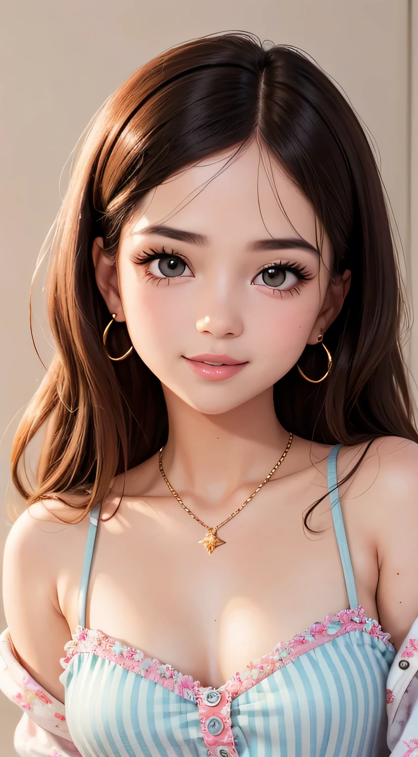 Amazing portrait of the upper body of a young woman who is 20 years old with a beautiful and highly detailed face and skin texture with fine brown eyes with double eyelid and thin eyebrows and glitter eyeliner with natural cheeks and shiny skin wearing pajamas paired with a sparkly necklace and earrings with glossy lips parted in an enchanting smile with wavy sorry e hair in diagonal bangs with a head band with focus on her chest and face with this upper body shot and her pajamas are off shoulder with small breasts