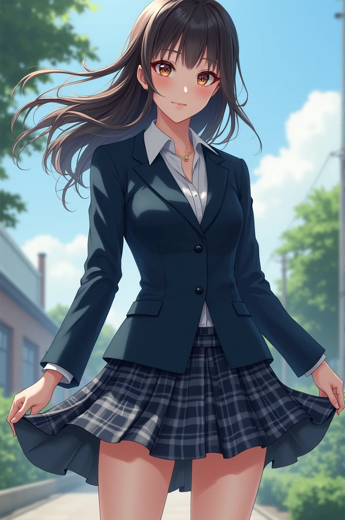 high quality、masterpiece、((blazer、Check skirt、school uniform))、Japanese women、19 years old、Low - Angle、The wind blows and my skirt flutters、Very sensitive skin、Fair skin、Young Face、look at me、Slim figure、Underwear is biting into、Great smile