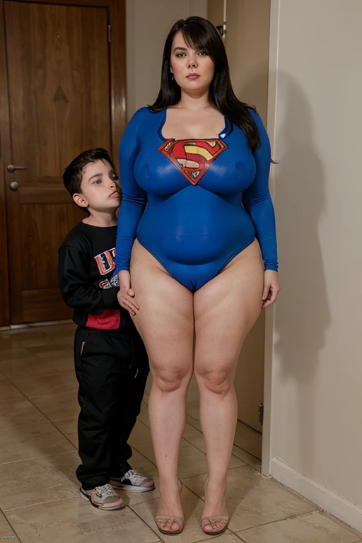 bbw superheroine is standing drugged and paralyzed next to a little boy, full body, mature bbw, submissive and exhausted, bbw, urinated vagina, bbw