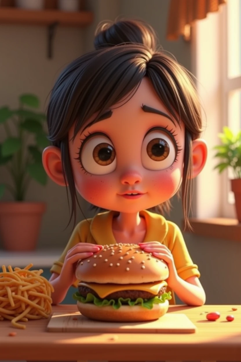 Make a Girl, She's hungry, como Disney Cartoon, She's eating hamburger, Pixar, ..3d, Disney