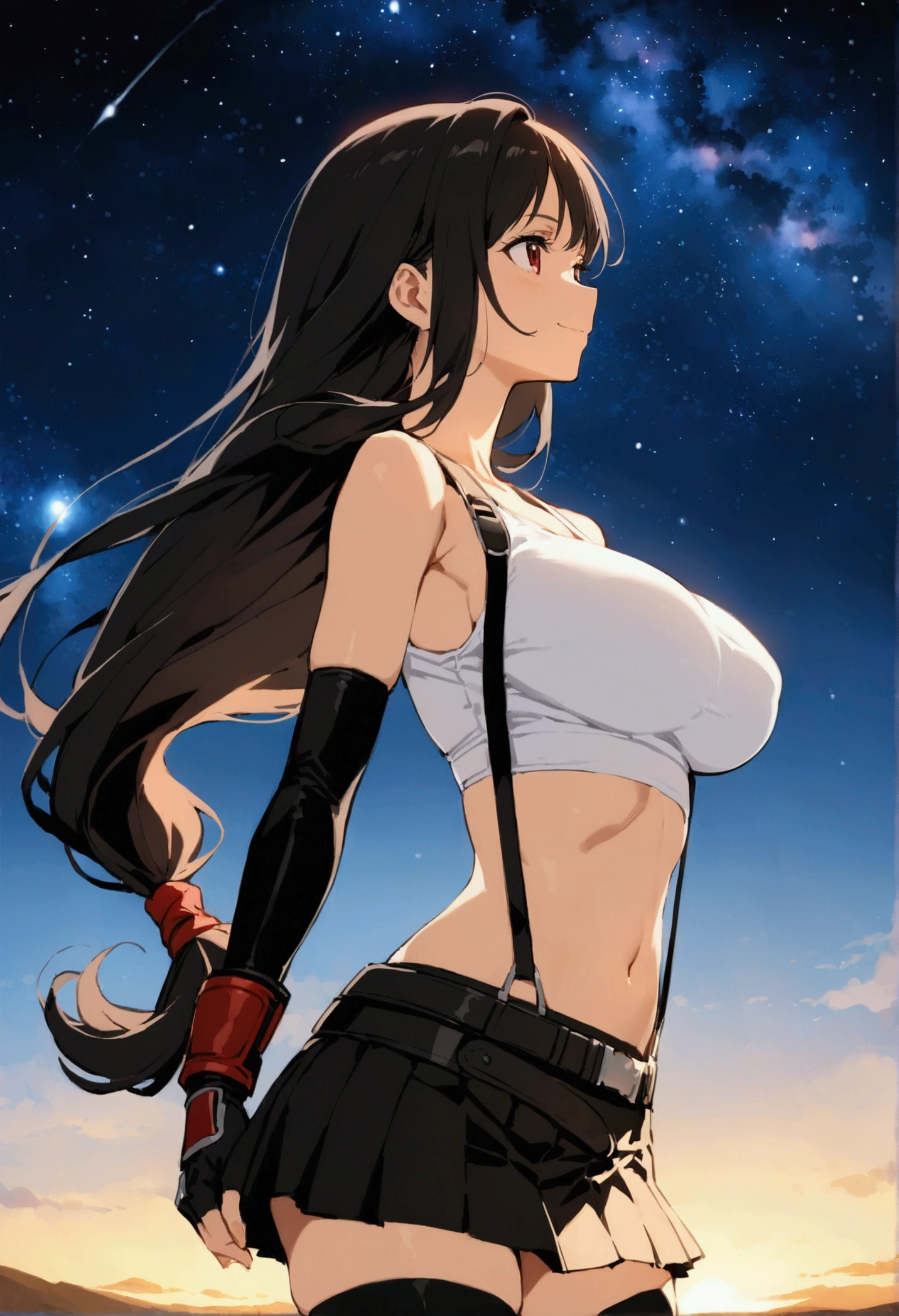 score_9,score_8_up,score_7_up,BREAK source_anime, masterpiece, best quality, (recent), perfect anatomy, very aesthetic,anime style,upperbody,,Solo,1girl, tifa lockhart, final fantasy,black hair, low-tied long hair, red eyes, bangs, (white tank top,gap),(High exposure)，the ribs,belt, pleated skirt, thighhighs, elbow fingerless gloves,  midriff, navel,suspenders.skirt),beautiful waist ,(large_breast:1.3),(from side,looking away),standing,arms in sides,light smile,,,outdoor,star sky,night, skin tight,  depth of field、beautifully lit,great lighting,posing　