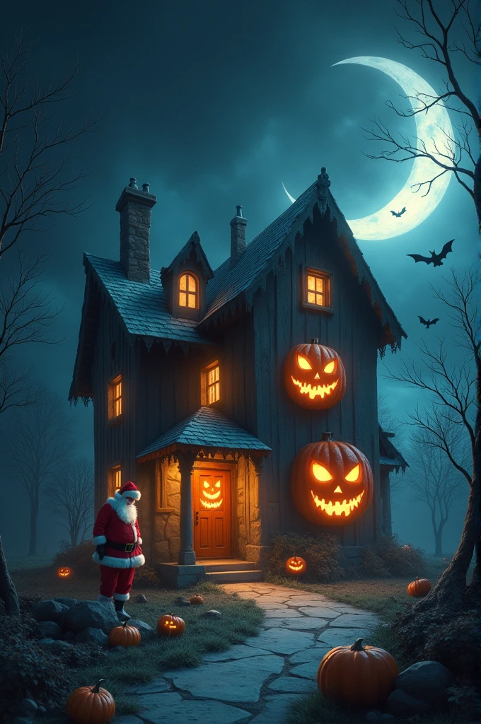 Generate an image of ghost house with pumpkin faces and santa clause