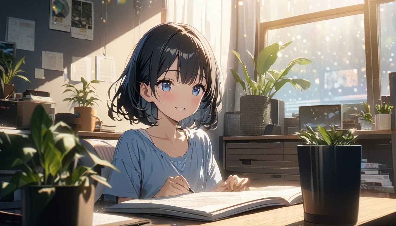 ((ultra-detailed))/three women: (one women with short black hair and bob hair.、beautiful blue eyes,.、smile、gentle smile on her face、flat chest, one Beautiful girl,((masterpiece, illustration, best quality) ((ultra-detailed))/),a girl studying in herbedroom with her office space during day time and have some plants in the background,濃い青とBeautiful Blueのグラデーション, High resolution, 8K HD detail, hyper-detail, cinematic, surrealism, soft light, deep field focus bokeh, ray tracing and surrealism. --v6