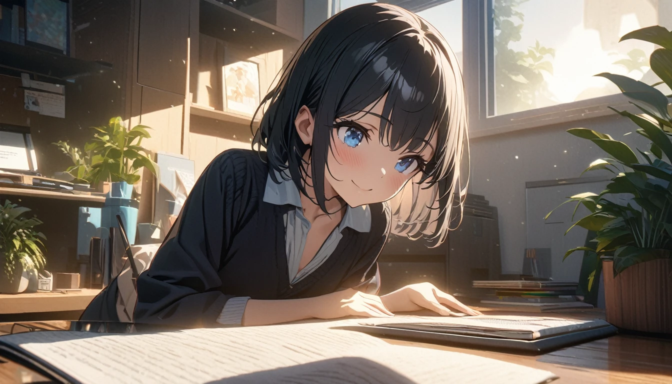 ((ultra-detailed))/three women: (one women with short black hair and bob hair.、beautiful blue eyes,.、smile、gentle smile on her face、flat chest, one Beautiful girl,((masterpiece, illustration, best quality) ((ultra-detailed))/),a girl studying in herbedroom with her office space during day time and have some plants in the background,濃い青とBeautiful Blueのグラデーション, High resolution, 8K HD detail, hyper-detail, cinematic, surrealism, soft light, deep field focus bokeh, ray tracing and surrealism. --v6