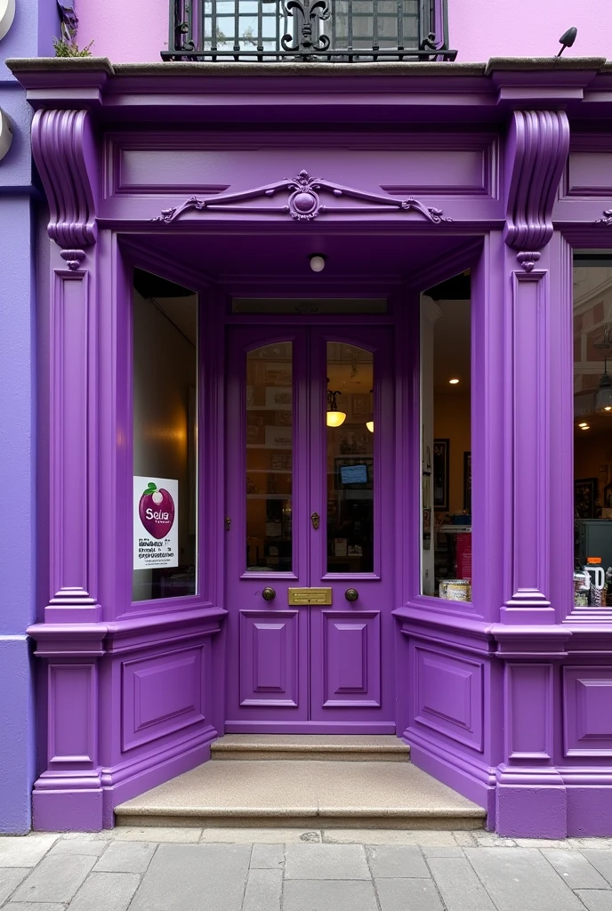 Purple açaí shop facade, a window slab on each side of the door