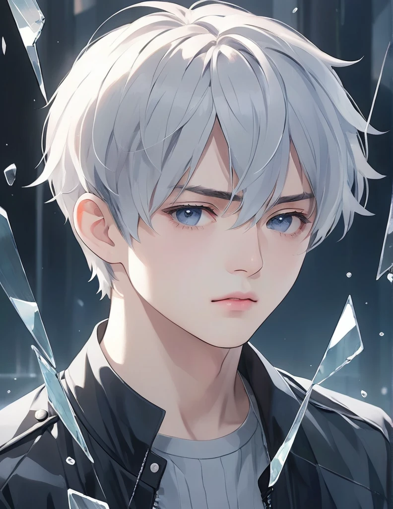 (Anime Style:1.4),Soft pictorial touches、超High resolution, Attention to detail, high quality, High resolution, 最high quality, 4K, 8k,Poster、artwork、Works by famous artists、Stylish and cool piece、A young man reflected in broken glass、Front view、face、Put your right hand on your cheek、Sad expression、short hair、Cute boys、広末涼子のfaceに似てる、