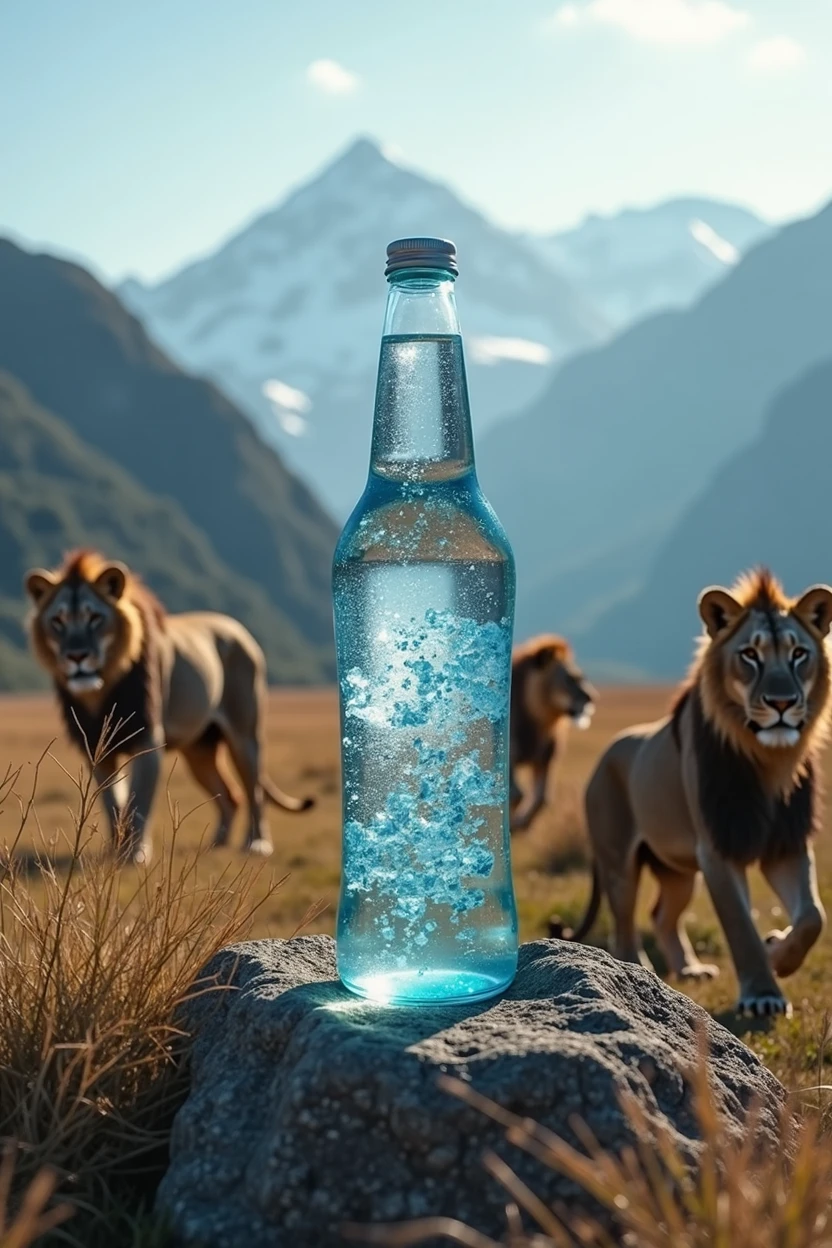 create an image with a bottle of water surrounded by lions in the mountain range
