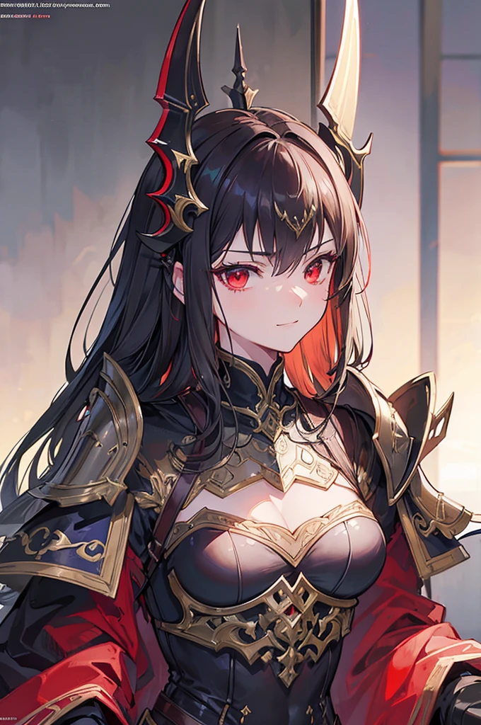 masterpiece,best quality,extremely detailed CG,ultra-detailed,1woman,fantasy,general,swordfighter,evil smile,elaborately designed plate armor,forehead protector,dark red eyes,circlet,