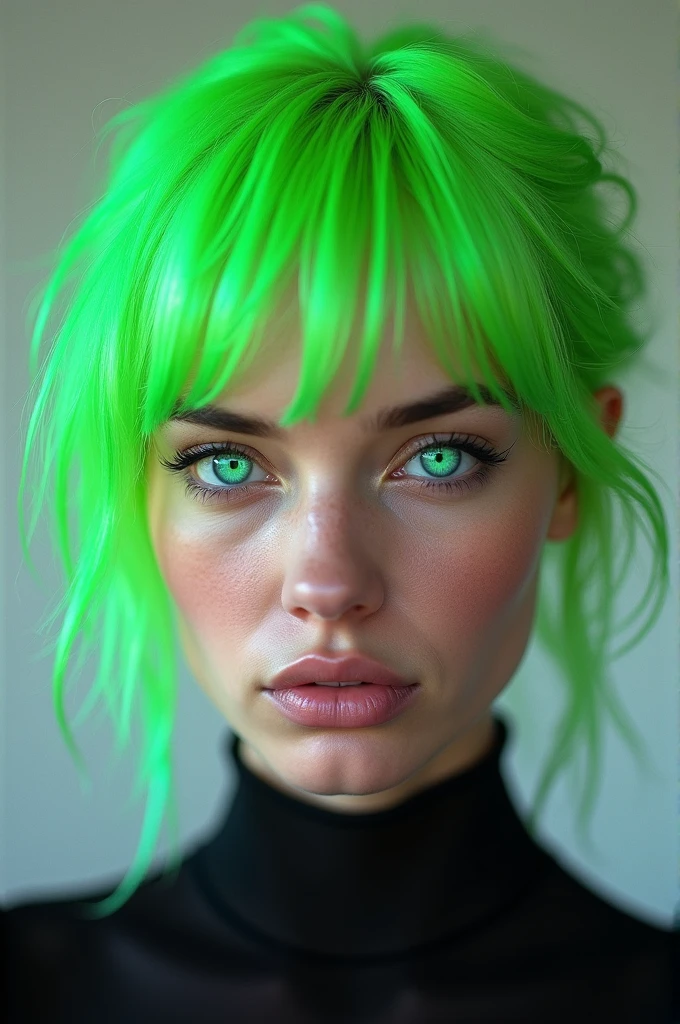 Create an image of a woman with fluorescent green hair and light eyes aged 34