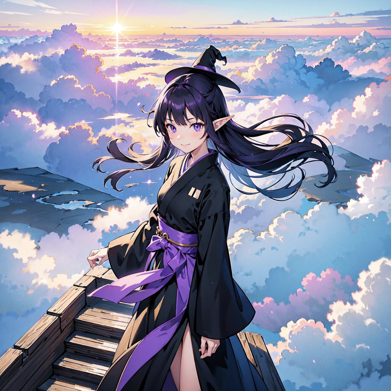 A girl with long violet-purple hair. A gentle, full smile. Pointy elf ears. Her clothes are simple: a black robe with wide sleeves and a black miniskirt. Her knees are showing. The front has a V-shaped white insert like a kimono. A witch's hat with purple ribbons on either side. Gentle face. Black boots. Background, bright painting, Makoto Shinkai, endless stairs only, floating long stairs, floating stairs in the air, stairs above clouds, illustration, nostalgic, vivid, above clouds, bright, fresh, sunset. A maze of connected stairs.