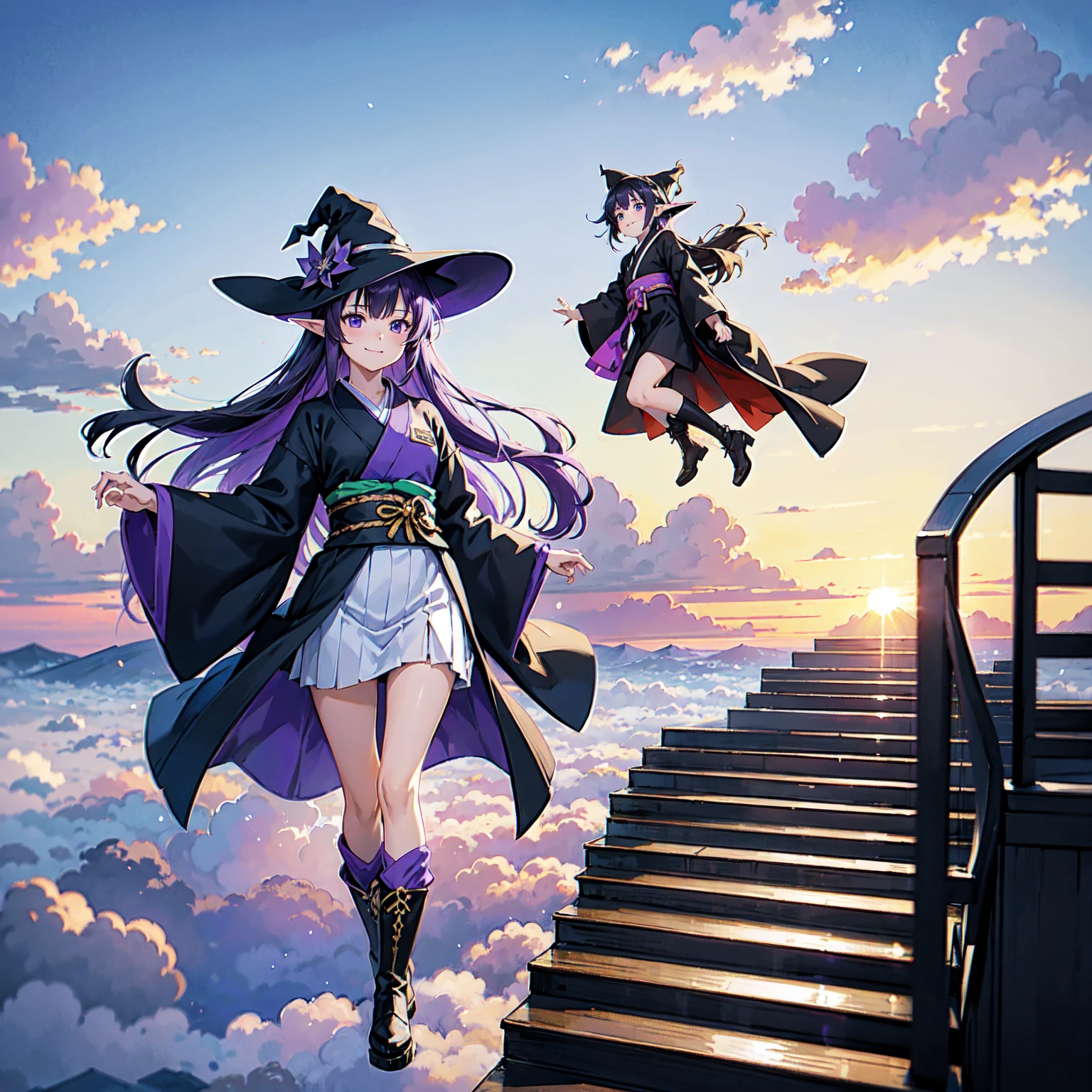 A girl with long violet-purple hair. A gentle, full smile. Pointy elf ears. Her clothes are simple: a black robe with wide sleeves and a black miniskirt. Her knees are showing. The front has a V-shaped white insert like a kimono. A witch's hat with purple ribbons on either side. Gentle face. Black boots. Background, bright painting, Makoto Shinkai, endless stairs only, floating long stairs, floating stairs in the air, stairs above clouds, illustration, nostalgic, vivid, above clouds, bright, fresh, sunset. A maze of connected stairs.