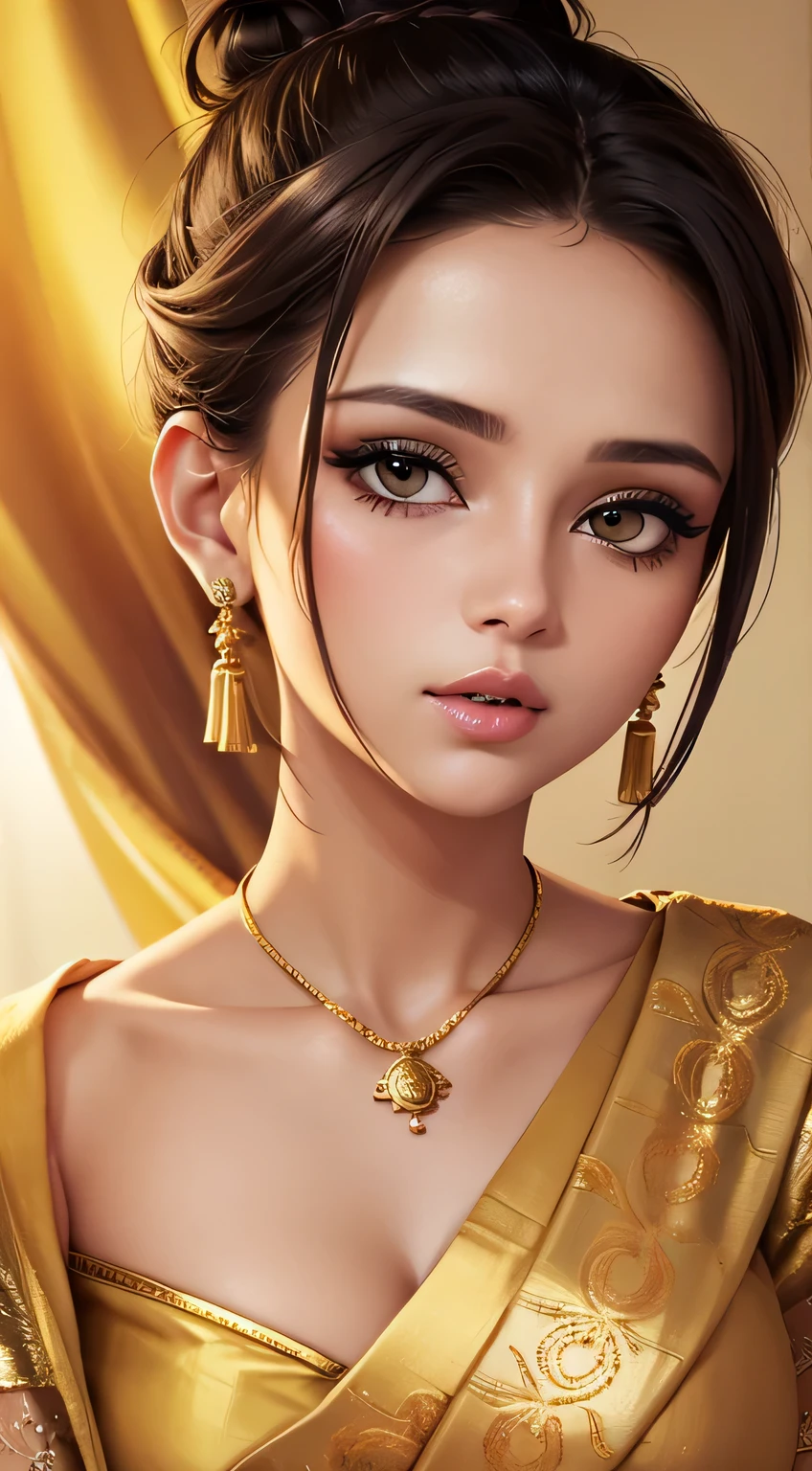 Amazing portrait of a sexy woman with her hair tied back in a low bun with her eyes emphasised by smokey eyeliner gazing at us seductively with her perfect lips parted wearing gold blouse and a white saree with gold embroidery